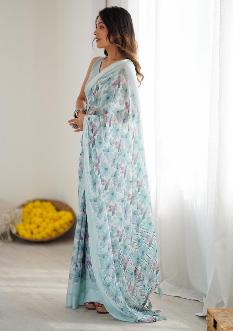 Blue Printed Blended Saree Collection - Indya