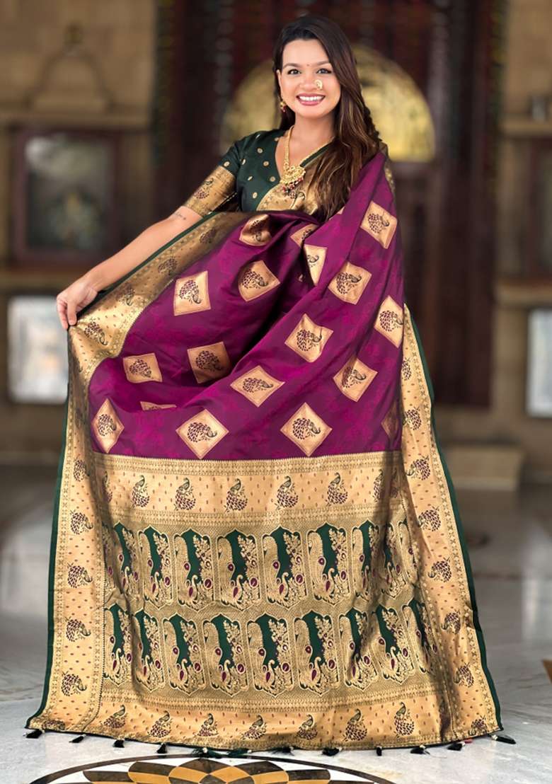 Wine Weaving Blended Collection Saree for Diwali | Wedding & Festive Wear - Indya
