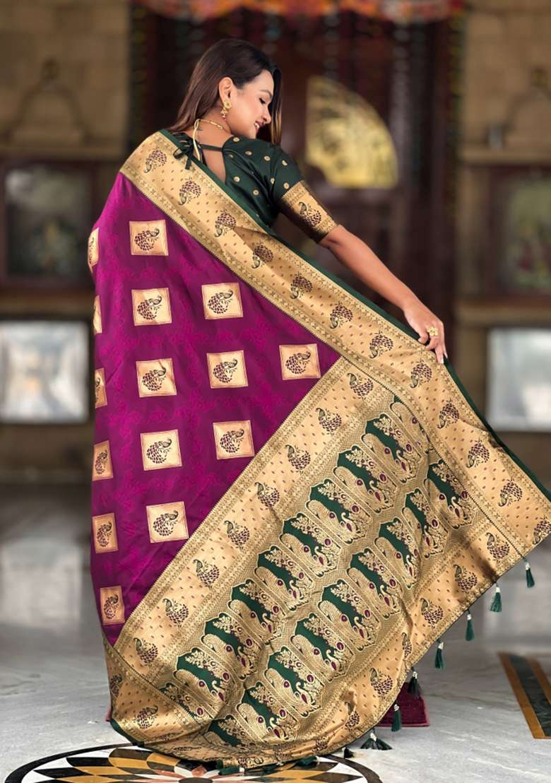 Wine Weaving Blended Collection Saree for Diwali | Wedding & Festive Wear - Indya