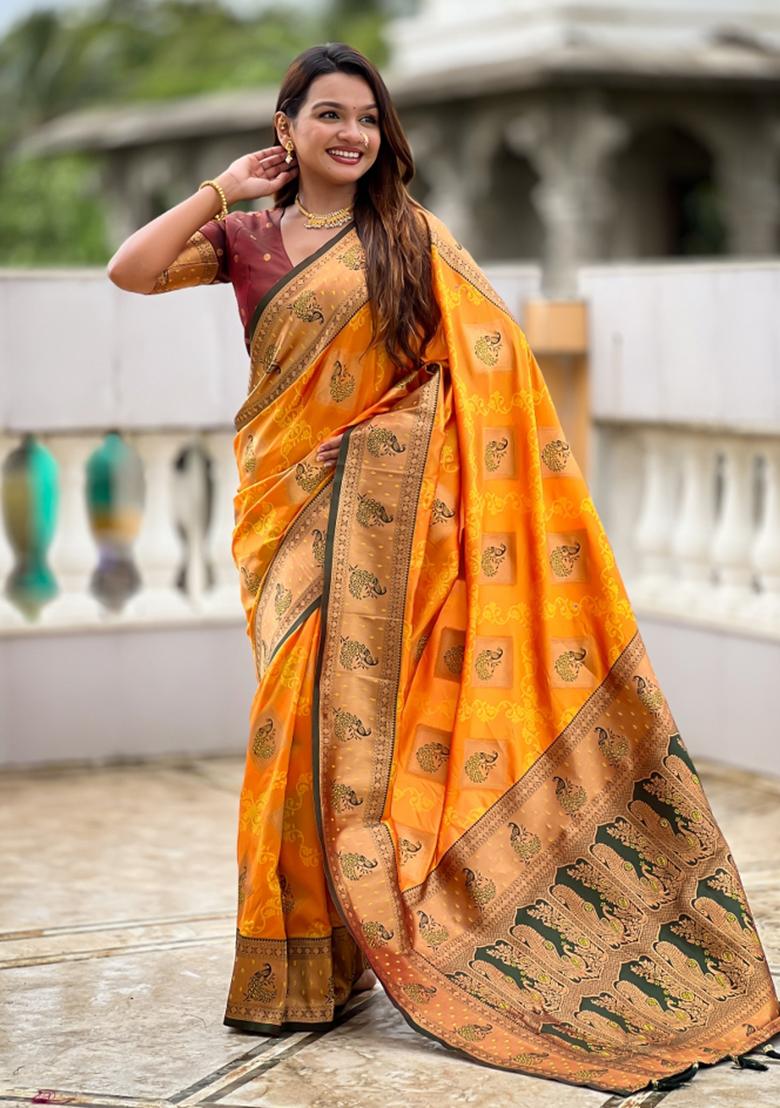 Mustard Weaving Blended Saree Collection - Indya