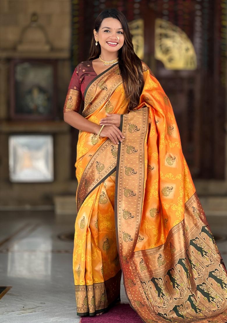 Mustard Weaving Blended Saree Collection - Indya