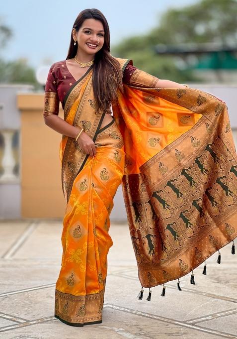 Mustard Weaving Blended Saree Collection