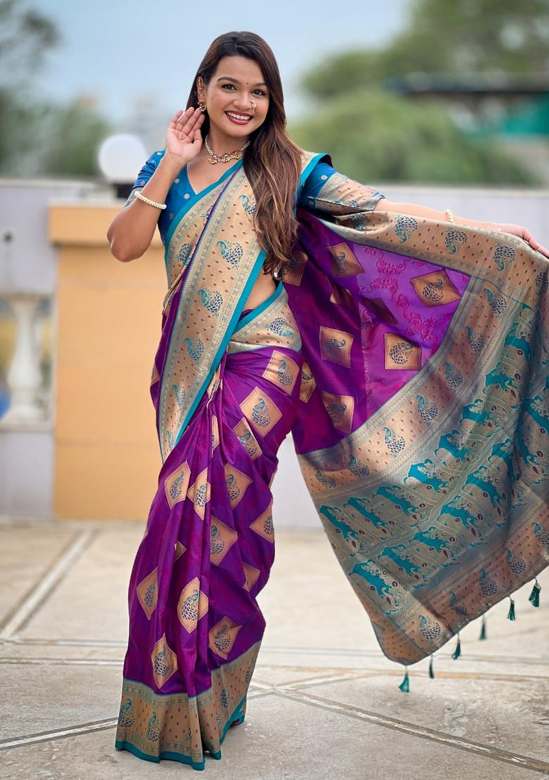 Magenta Weaving Blended Saree Collection - Indya