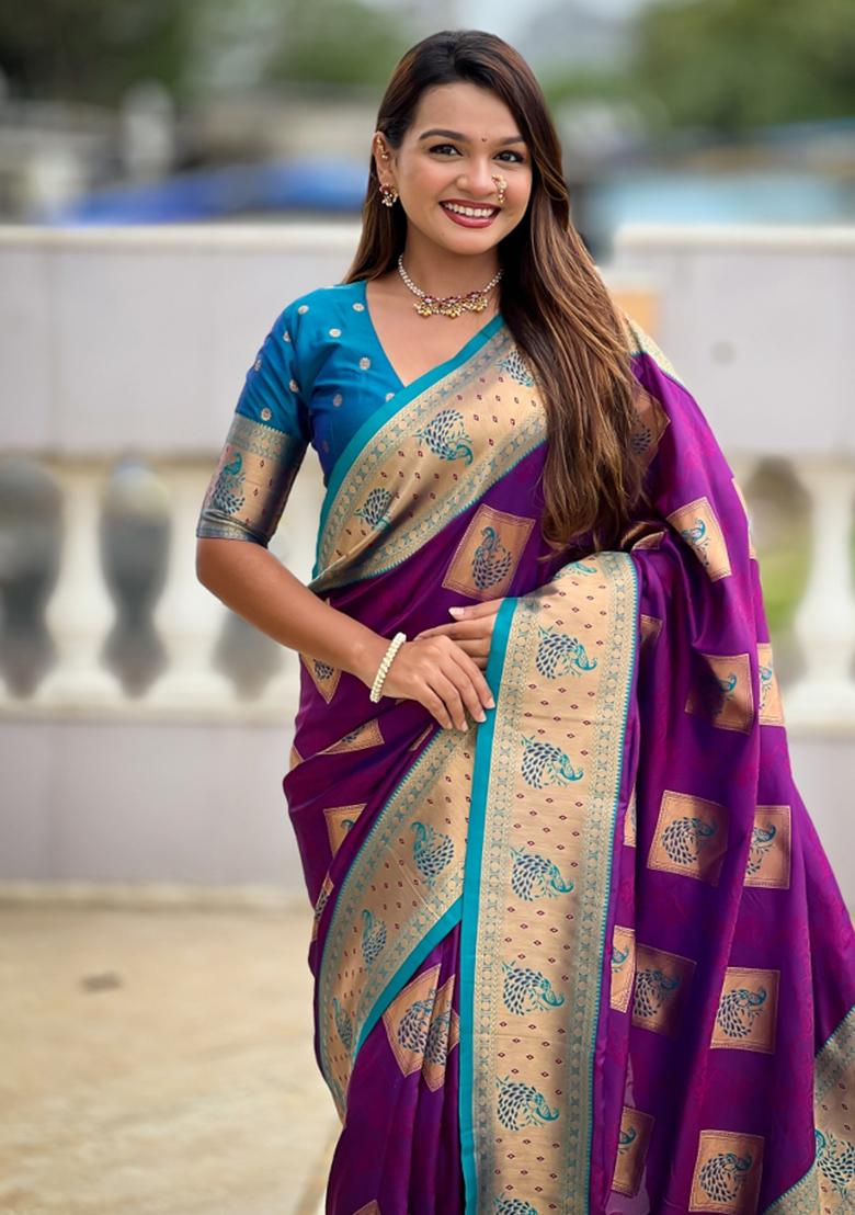 Magenta Weaving Blended Saree Collection - Indya