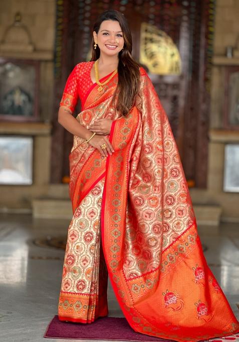 Red Weaving Blended Saree Collection