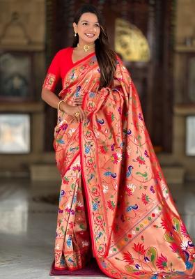 Red Weaving Blended Saree Collection