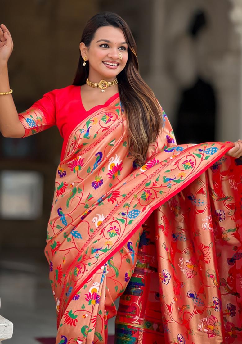 Red Weaving Blended Saree Collection - Indya