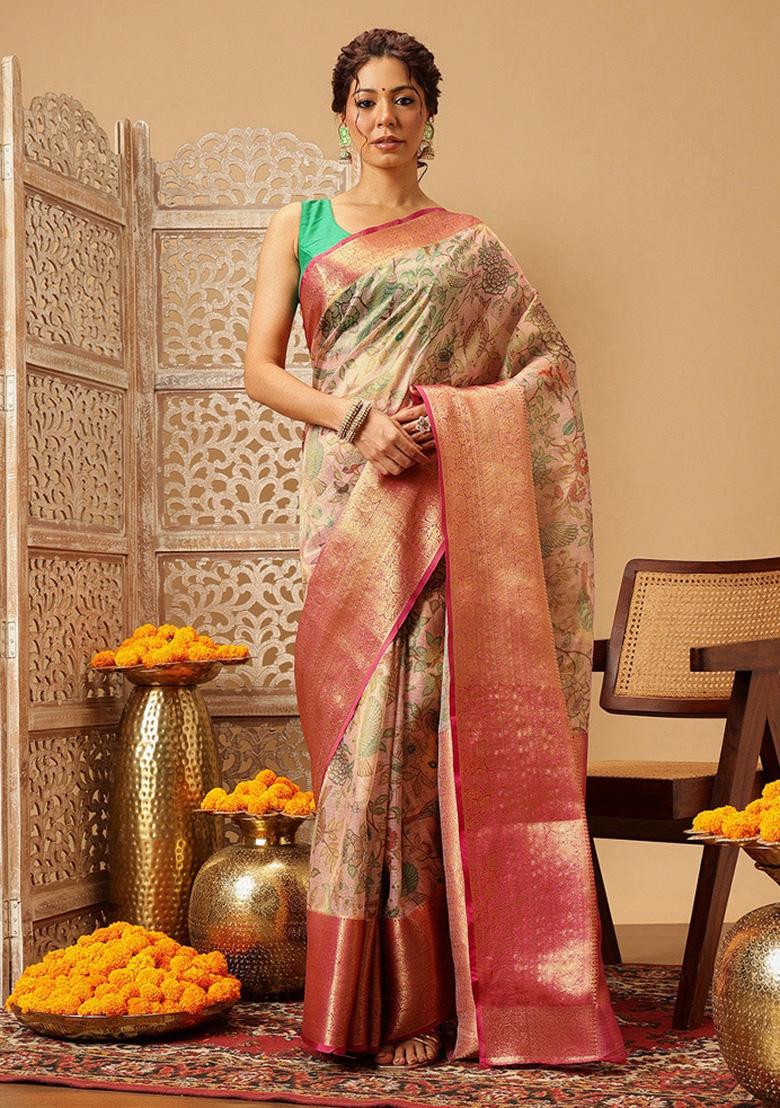 Pink Printed Muga Silk Saree