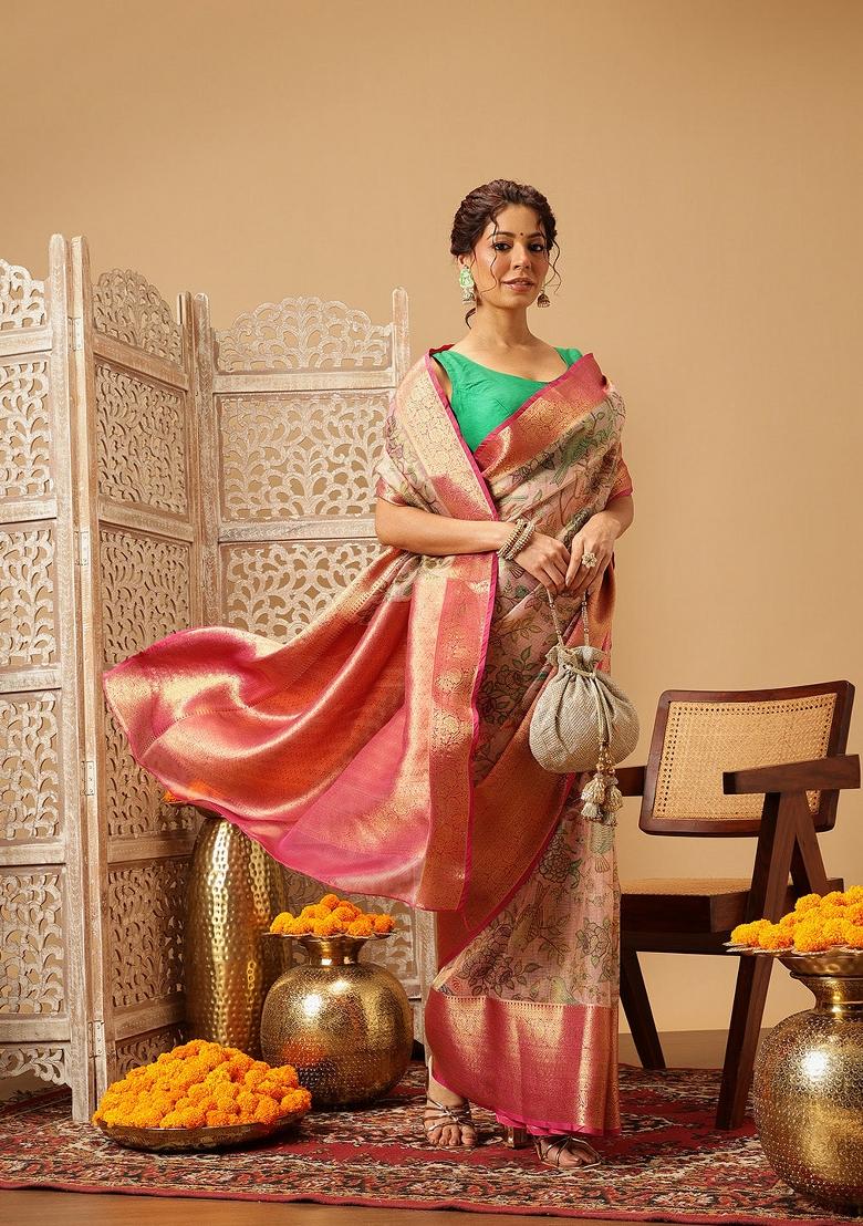 Pink Printed Muga Silk Saree