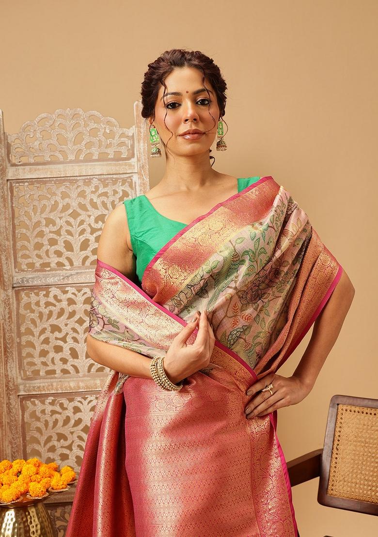 Pink Printed Muga Silk Saree