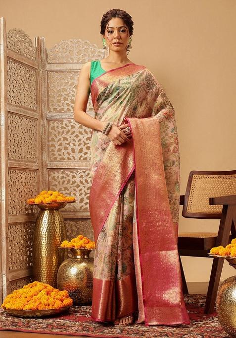 Pink Printed Muga Silk Saree