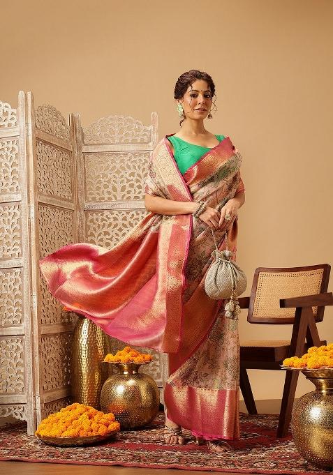 Pink Printed Muga Silk Saree