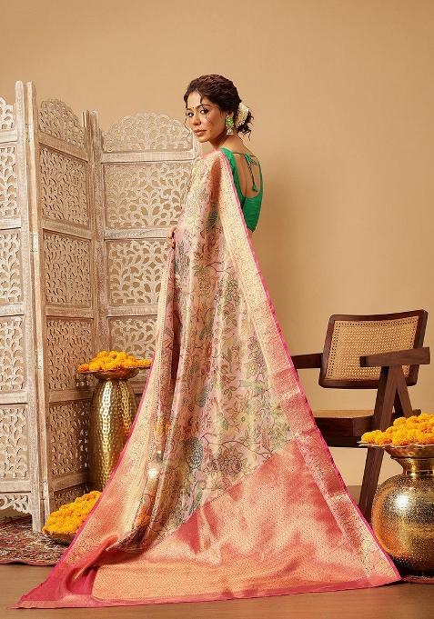 Pink Printed Muga Silk Saree