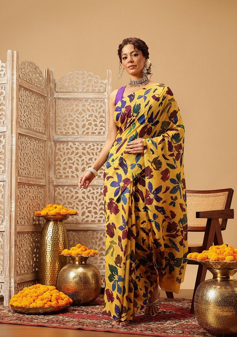 Yellow Printed Mul Cotton Saree