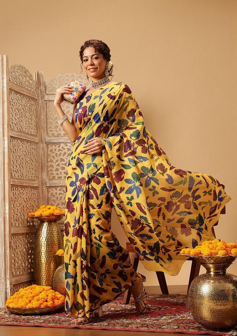 Yellow Printed Mul Cotton Saree
