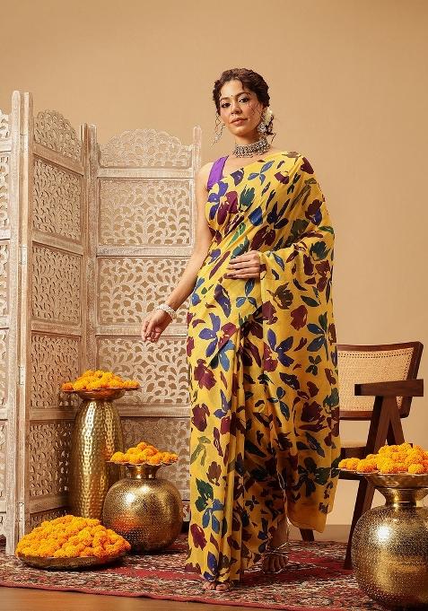 Yellow Printed Mul Cotton Saree