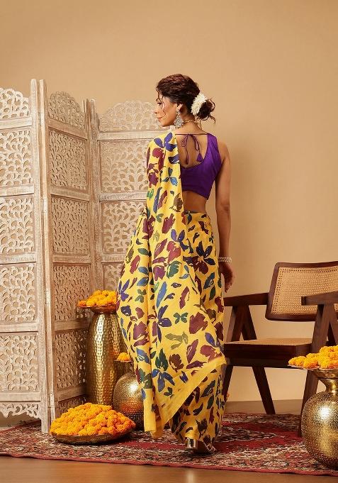 Yellow Printed Mul Cotton Saree
