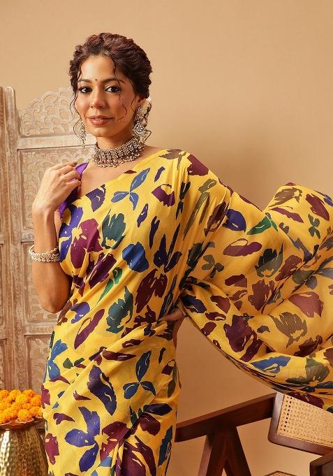 Yellow Printed Mul Cotton Saree