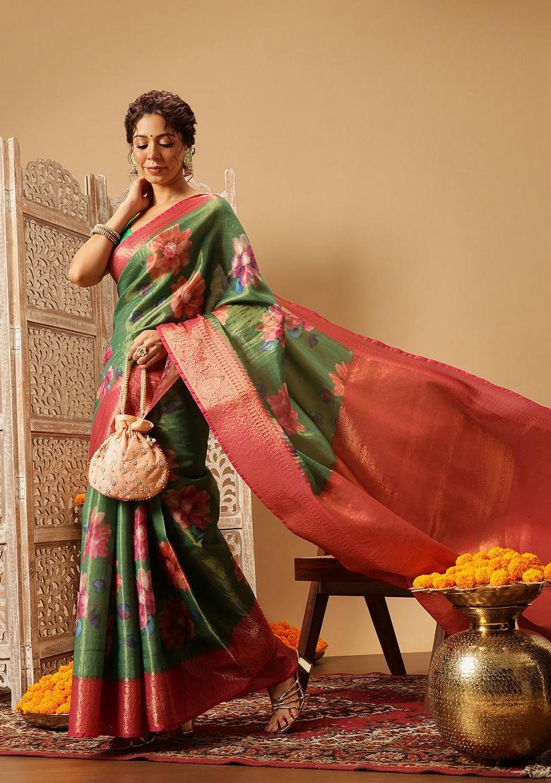 Green Printed Tissue Silk Saree
