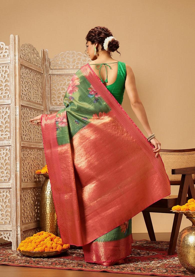 Green Printed Tissue Silk Saree