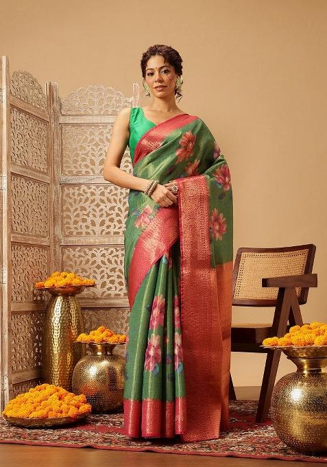 Green Printed Tissue Silk Saree