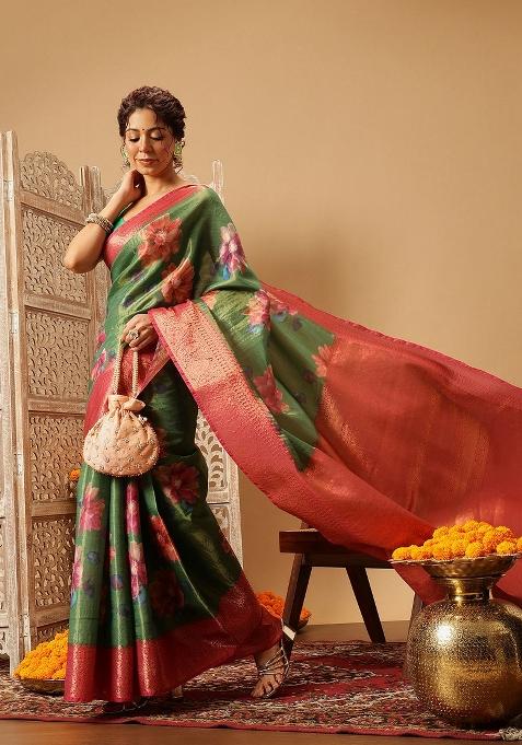 Green Printed Tissue Silk Saree