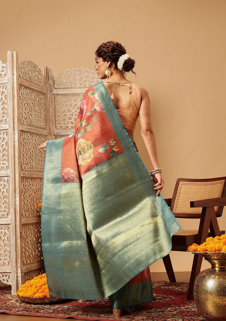 Peach Printed Tissue Silk Saree