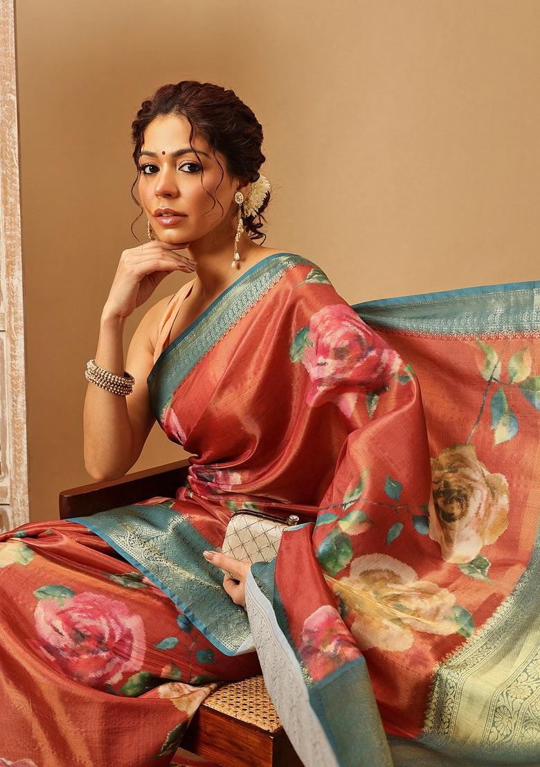 Peach Printed Tissue Silk Saree