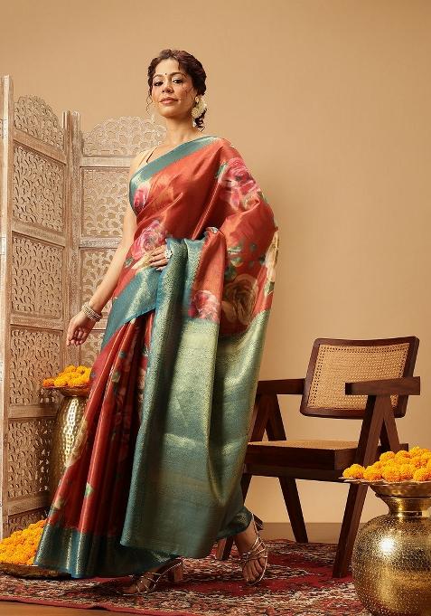 Peach Printed Tissue Silk Saree
