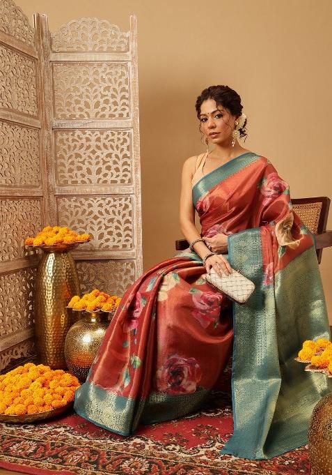 Peach Printed Tissue Silk Saree