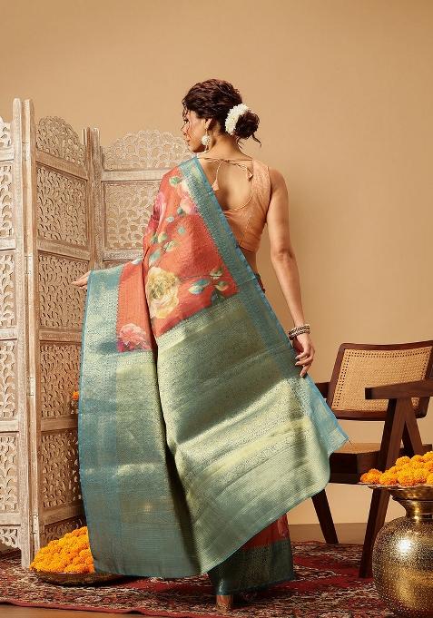 Peach Printed Tissue Silk Saree