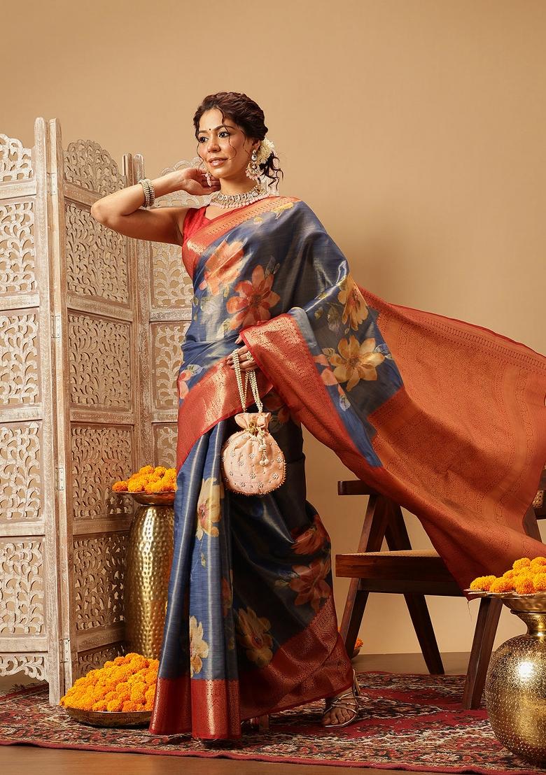 Blue Printed Tissue Silk Saree
