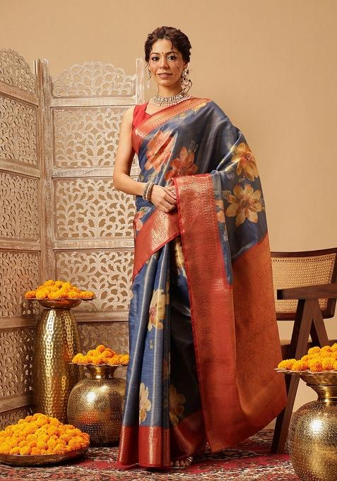 Blue Printed Tissue Silk Saree