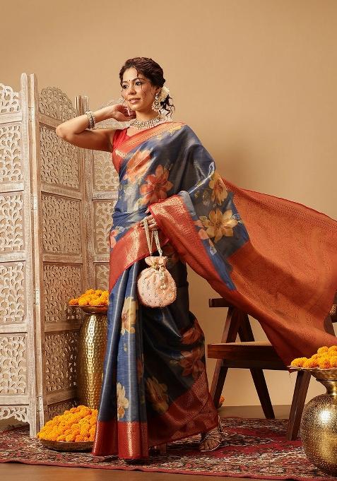 Blue Printed Tissue Silk Saree