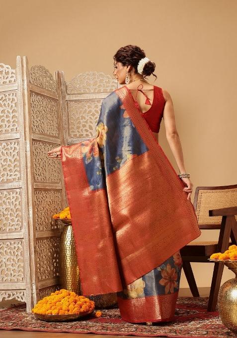 Blue Printed Tissue Silk Saree
