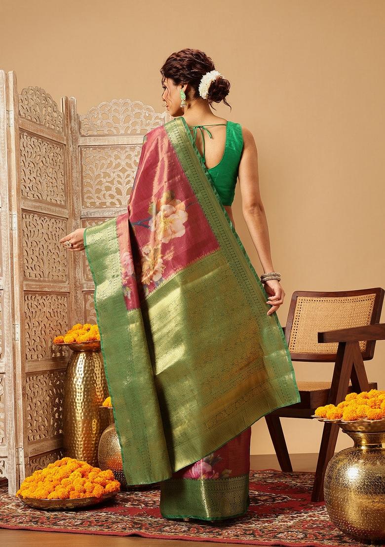 Pink Printed Tissue Silk Saree