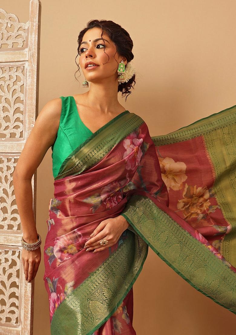 Pink Printed Tissue Silk Saree