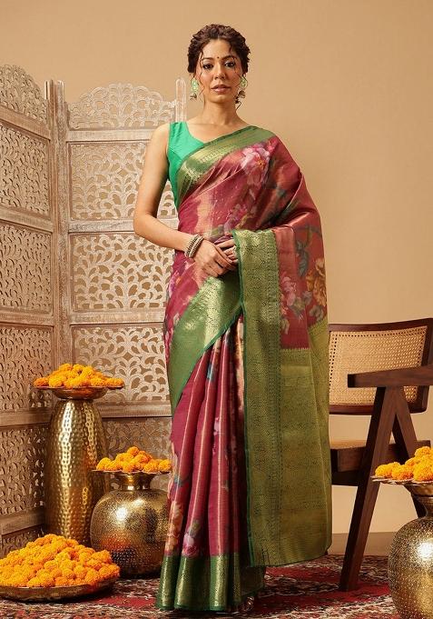 Pink Printed Tissue Silk Saree