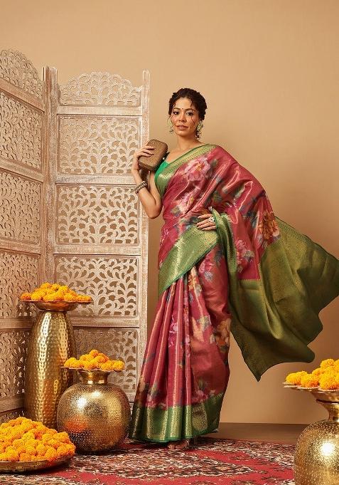 Pink Printed Tissue Silk Saree