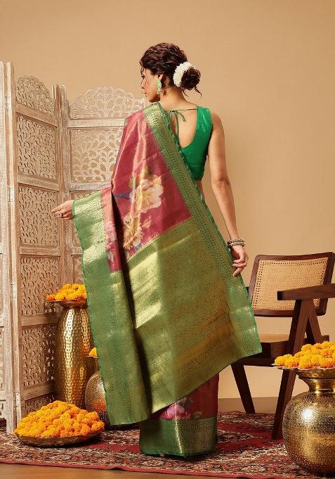 Pink Printed Tissue Silk Saree