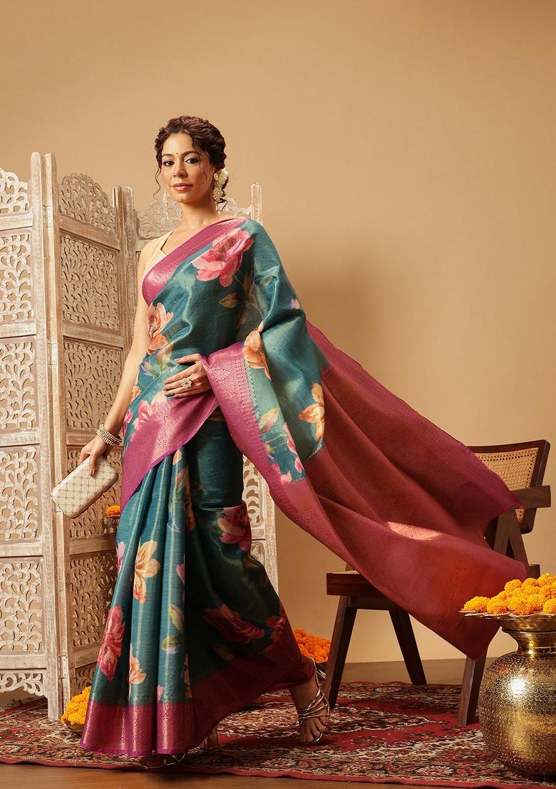 Teal Printed Tissue Silk Saree