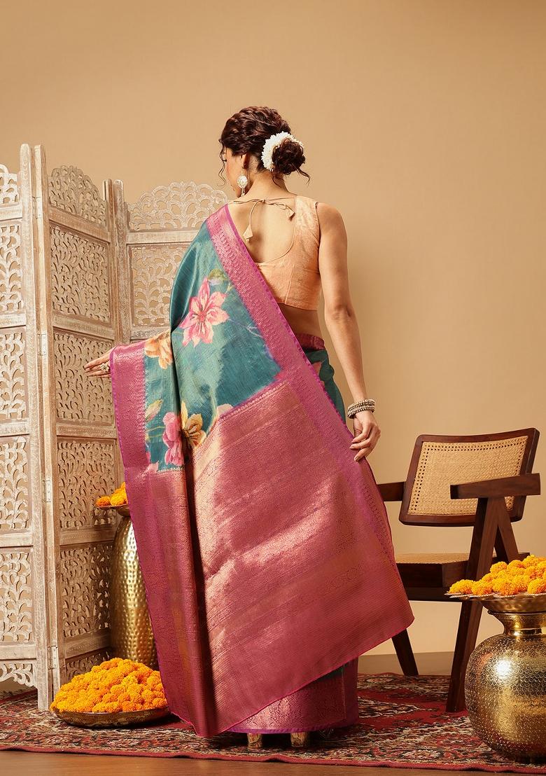 Teal Printed Tissue Silk Saree