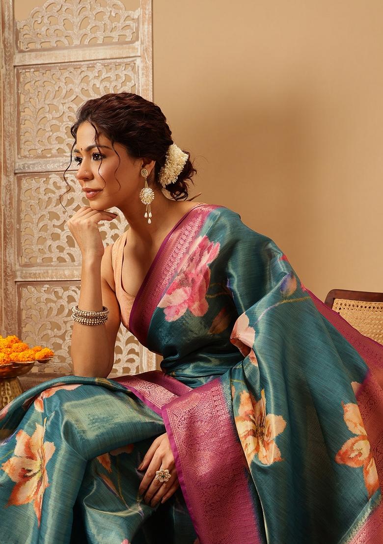 Teal Printed Tissue Silk Saree