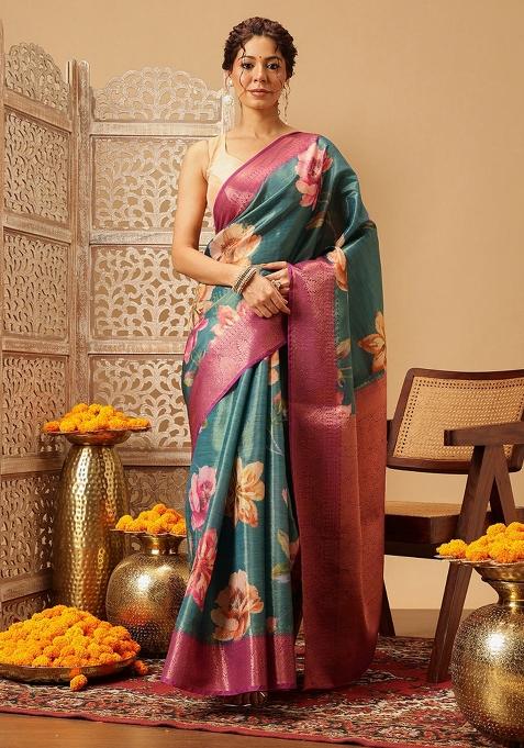 Teal Printed Tissue Silk Saree