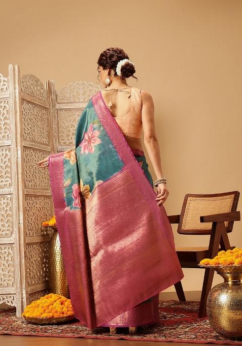 Teal Printed Tissue Silk Saree
