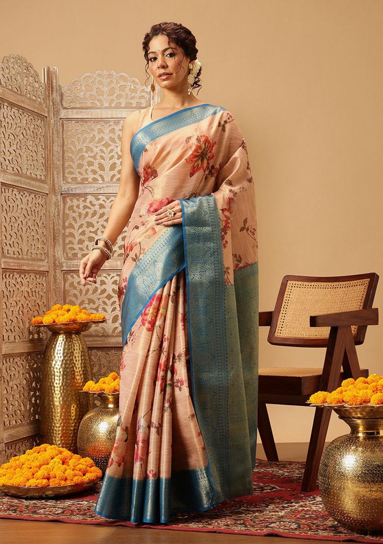 Peach Printed Tissue Silk Saree