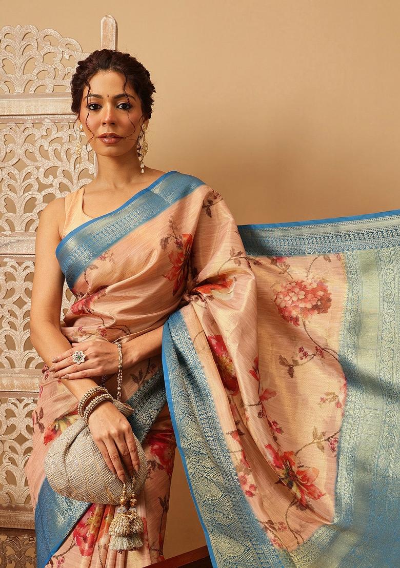 Peach Printed Tissue Silk Saree