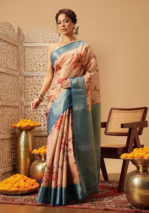 Peach Printed Tissue Silk Saree