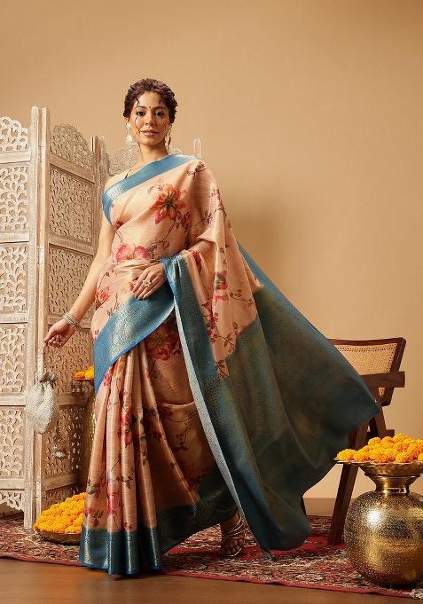Peach Printed Tissue Silk Saree