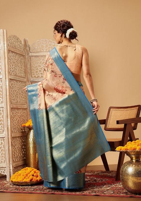 Peach Printed Tissue Silk Saree